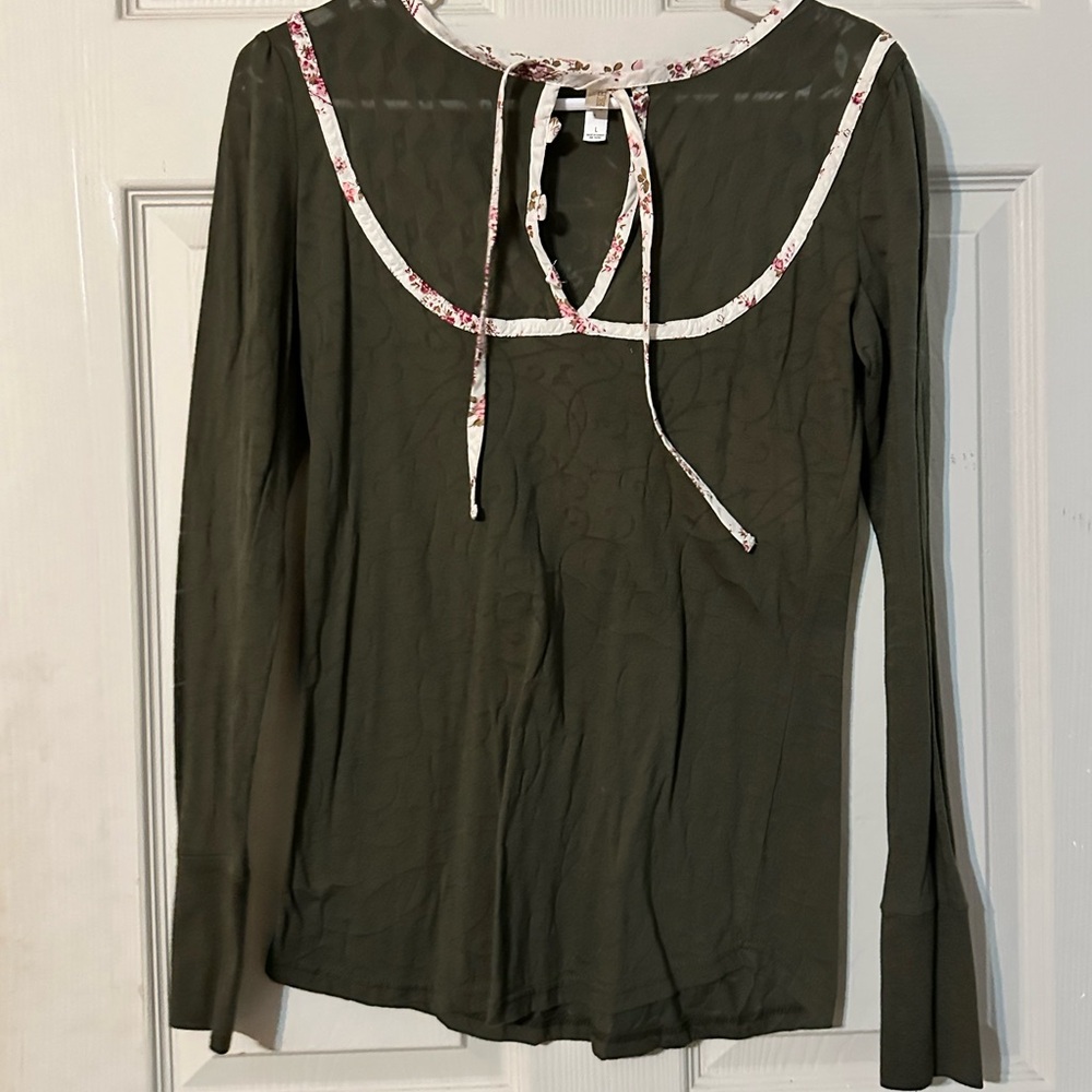 BKE Olive Green Blouse with Floral Accents